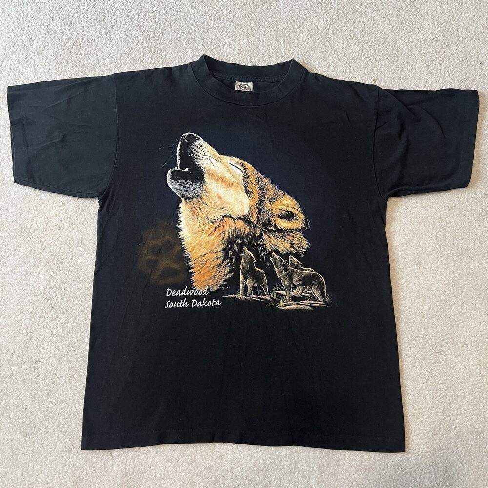 Vintage 90s Wolf T Shirt Black Large USA Made Deadwood South Dakota Graphic Tee